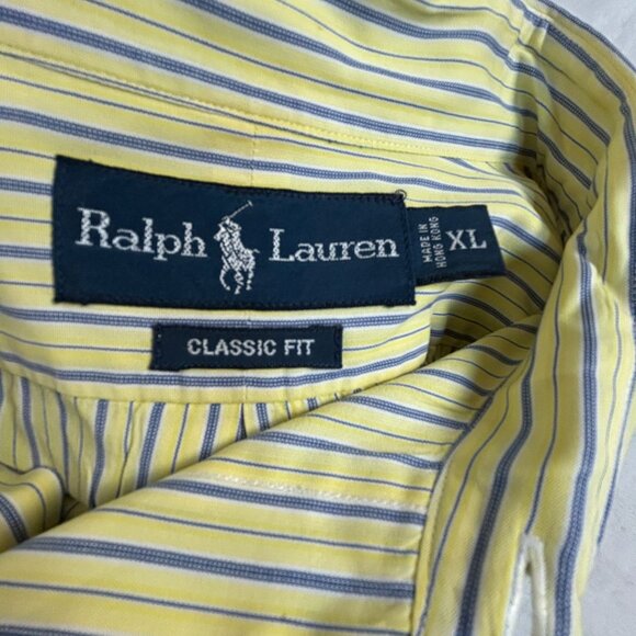 Ralph Lauren Mens Yellow Striped Classic Fit Button-Down Shirt XL Short Sleeve - Picture 3 of 6